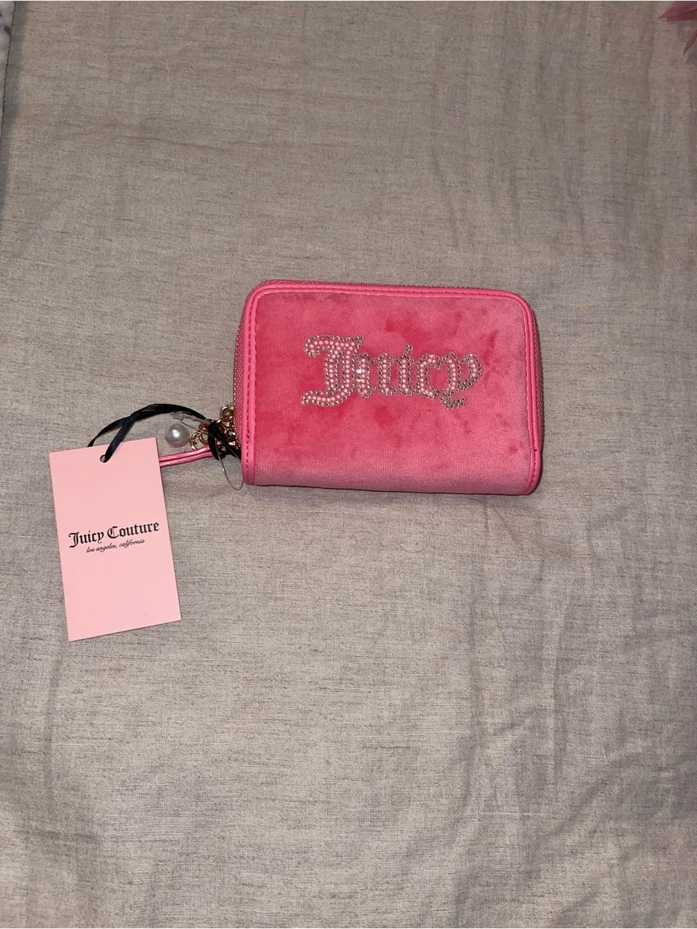 Juicy Couture Hot Pink Velvet Crystal Logo Zip Wallet